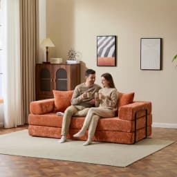 Orange Chenille Compressible Sofa Bed,3-in-1 No Assembly Needed Foldable Floor Couch,Soft Loveseat Sofa for Living Room