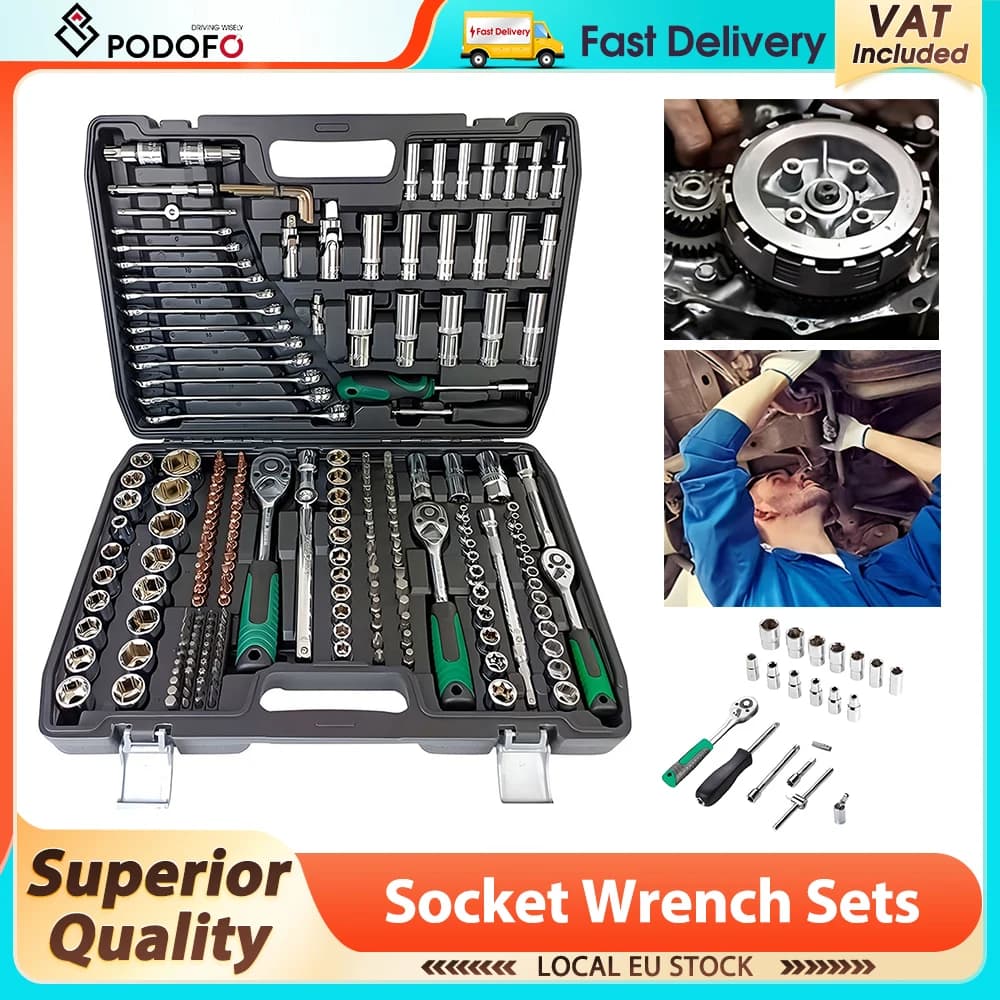 Podofo 216pcs 24-tooth Socket Wrench Sets Ratchet Wrench Tool 1/4" 3/8" 1/2" Mechanic Tool Set for Automotive Motorcycle Repair