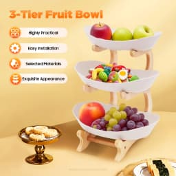 3-Tier Yuanbao Shape Fruit Bowl with Bamboo Wood Stand Food-Grade Snack Dessert Serving Tray Space-Saving Plate Rack for Party