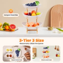 3-Tier Yuanbao Shape Fruit Bowl with Bamboo Wood Stand Food-Grade Snack Dessert Serving Tray Space-Saving Plate Rack for Party