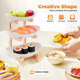 3-Tier Yuanbao Shape Fruit Bowl with Bamboo Wood Stand Food-Grade Snack Dessert Serving Tray Space-Saving Plate Rack for Party