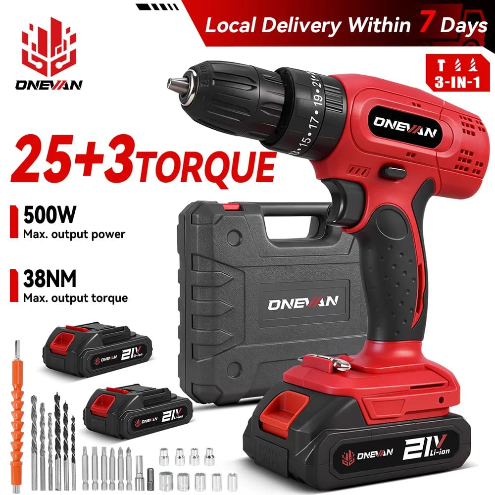 ONEVAN 25+3 Torque Electric Impact Drill 2 Speed Adjustable Cordless Electric Screwdriver Power Tool For Makita 18V Battery Pin