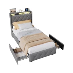 Rosahqnda Youth Bed 90X200cm with LED,Upholstered Bed Single Bed with Storage Space 2 Drawers