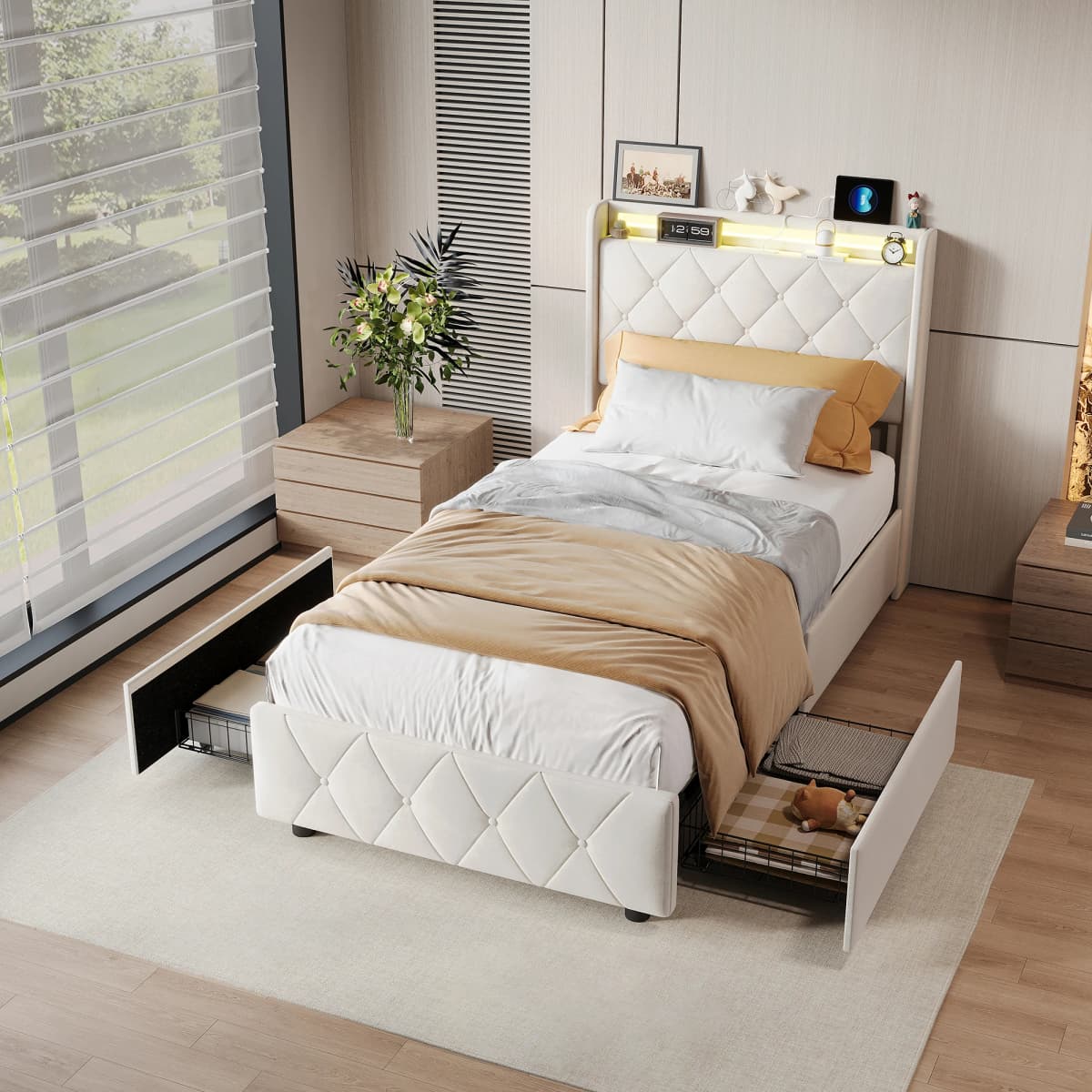 Rosahqnda Youth Bed 90X200cm with LED,Upholstered Bed Single Bed with Storage Space 2 Drawers