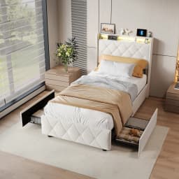 Rosahqnda Youth Bed 90X200cm with LED,Upholstered Bed Single Bed with Storage Space 2 Drawers