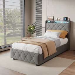 Rosahqnda Youth Bed 90X200cm with LED,Upholstered Bed Single Bed with Storage Space 2 Drawers