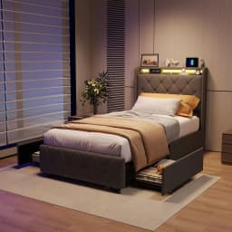 Rosahqnda Youth Bed 90X200cm with LED,Upholstered Bed Single Bed with Storage Space 2 Drawers