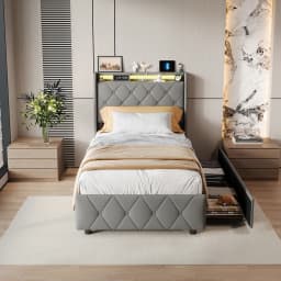 Rosahqnda Youth Bed 90X200cm with LED,Upholstered Bed Single Bed with Storage Space 2 Drawers