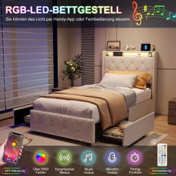 Rosahqnda Youth Bed 90X200cm with LED,Upholstered Bed Single Bed with Storage Space 2 Drawers
