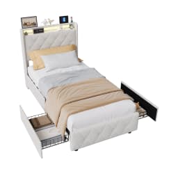 Rosahqnda Youth Bed 90X200cm with LED,Upholstered Bed Single Bed with Storage Space 2 Drawers