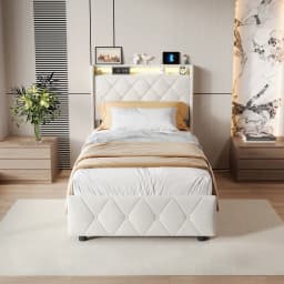 Rosahqnda Youth Bed 90X200cm with LED,Upholstered Bed Single Bed with Storage Space 2 Drawers