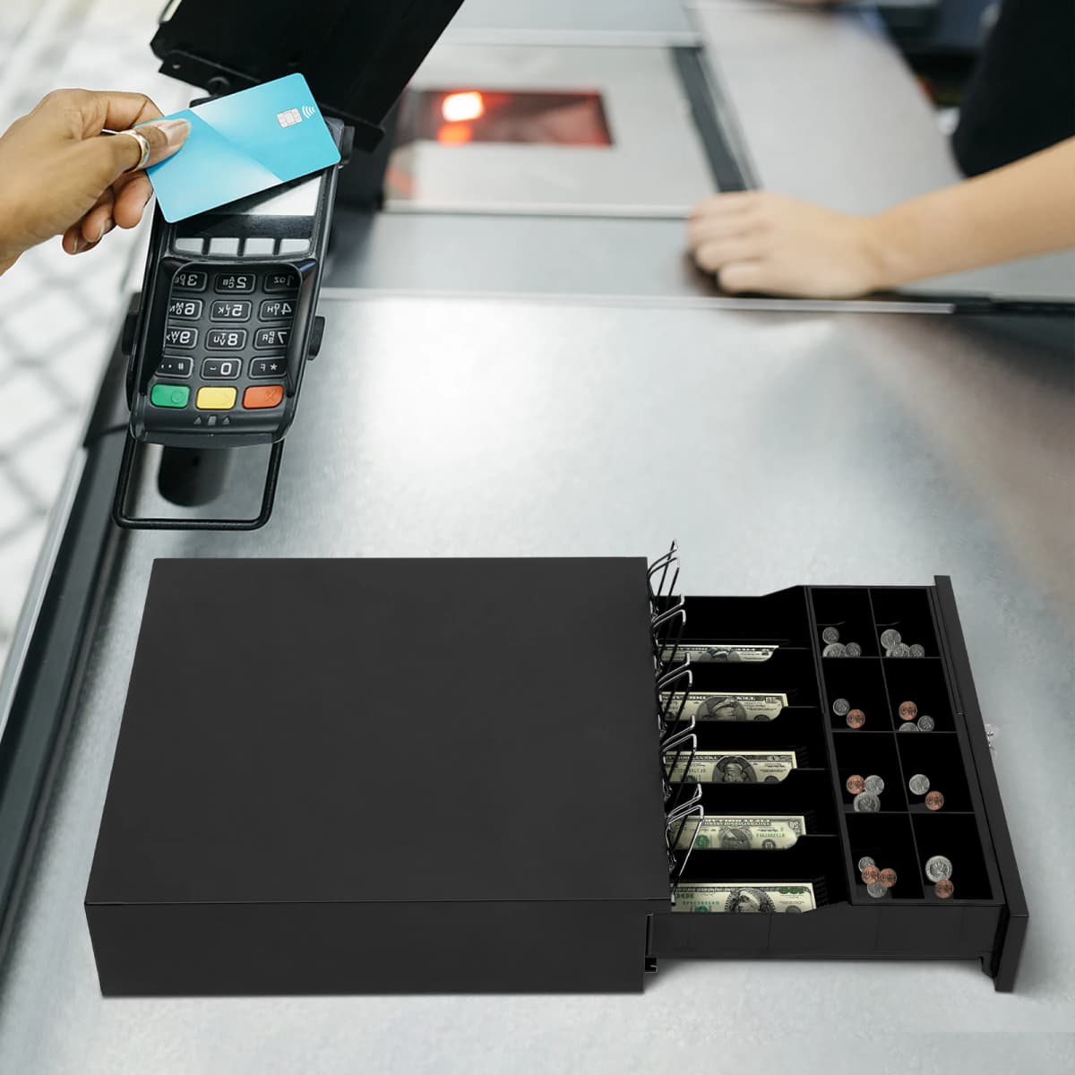 Cash Drawer, Cash Drawer W/ 5 Compartments for Banknotes and 8 for Coins, for Hotels, Supermarkets, Shopping Malls, Pharmacies