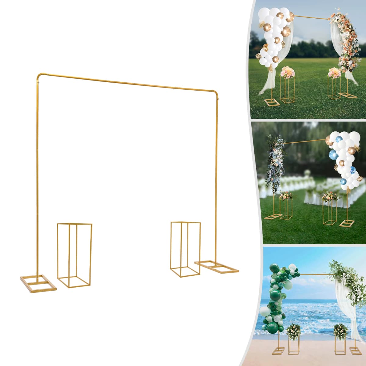 Gold 2x2m Frame with 2pcs 26.5x26.5x60cm Flower Holders, Wedding Arch, Wedding Stand, Decor for Party Ceremony Event