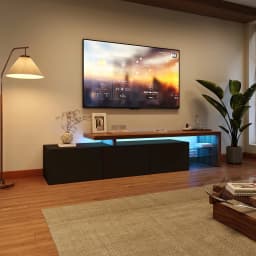 TV furniture for living room with 3 doors, stockings TV furniture with LED and 2 glasses, black high gloss, 200x42x39 cm