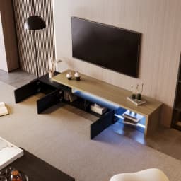 TV furniture for living room with 3 doors, stockings TV furniture with LED and 2 glasses, black high gloss, 200x42x39 cm