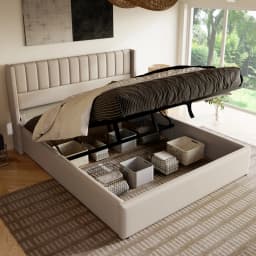 Rosahqnda Double Bed with Hydraulic storage system,large Storage space,Upholstered Linen headbroad,modren & Popularity,for youth