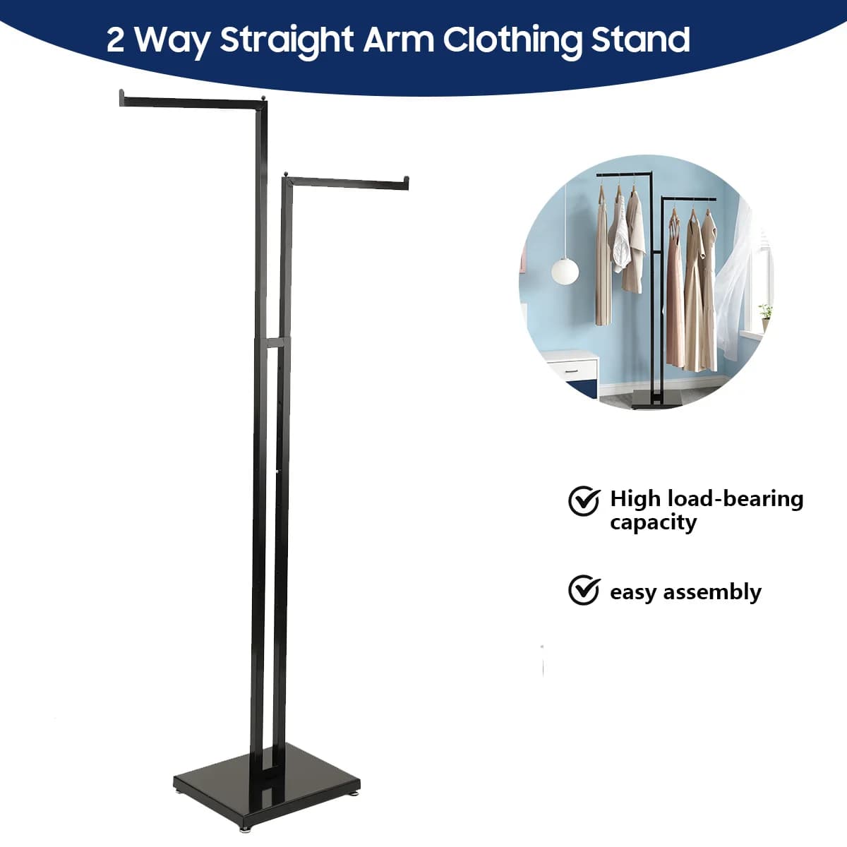 2 Way Straight Arm Clothing Stand Display Heavy Duty 48" to 72" Adjustable Clothing Rack Black Straight Arm Clothing Stand