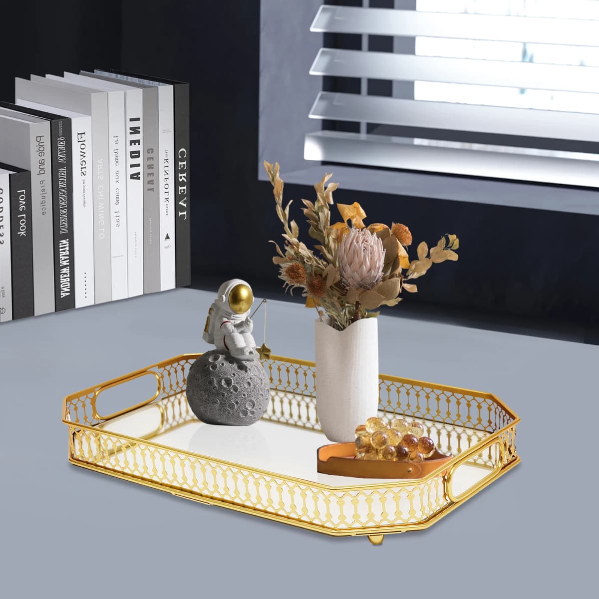 35x25x5cm Gold Rectangular Serving Tray Iron Glass Decorative Tray with Handles for Fruits Drinks Cosmetics Jewelry Home Decor