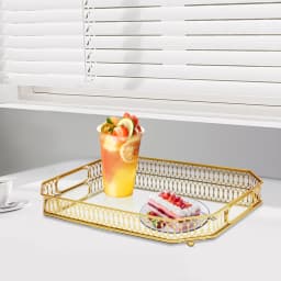 35x25x5cm Gold Rectangular Serving Tray Iron Glass Decorative Tray with Handles for Fruits Drinks Cosmetics Jewelry Home Decor