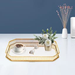 35x25x5cm Gold Rectangular Serving Tray Iron Glass Decorative Tray with Handles for Fruits Drinks Cosmetics Jewelry Home Decor