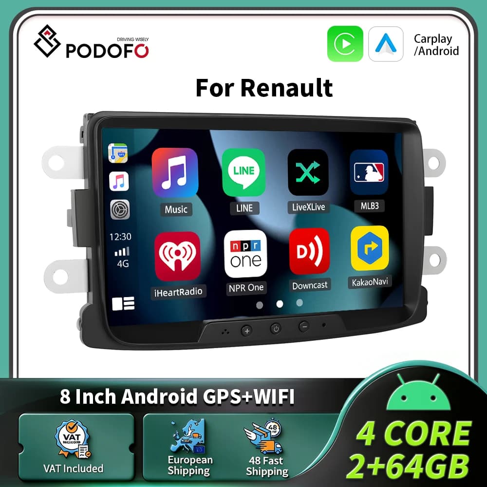 Podofo 8" Carplay Android Car Radio For Renault Car Intelligent System 2 Din GPS Navigation RDS Multimedia Car Radio