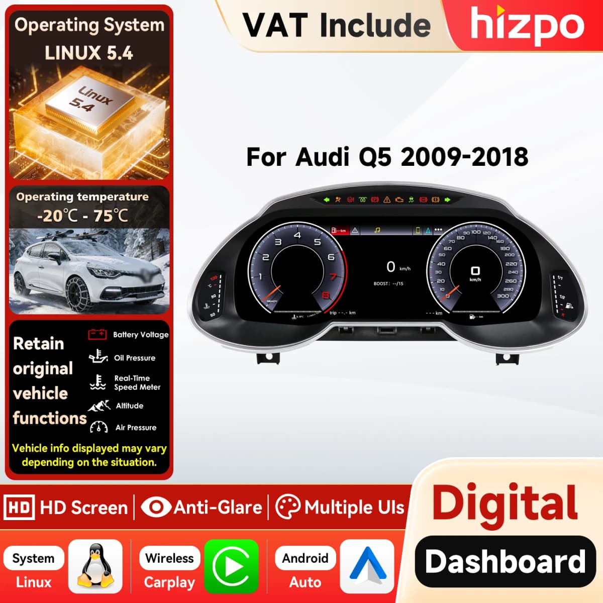 Hizpo 12.3'' Linux 5.4 Car Digital Dashboard For Audi Q5 2009-2018 LCD Panel Speedometer Instrument Cluster Carplay Auto