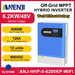 ANENJI 6.2KW Off-Grid Solar Inverter 12 Units Wifi Parallel Pure Sine Wave MPPT 120A & WiFi 500V PV Input for PV Solar Panel
