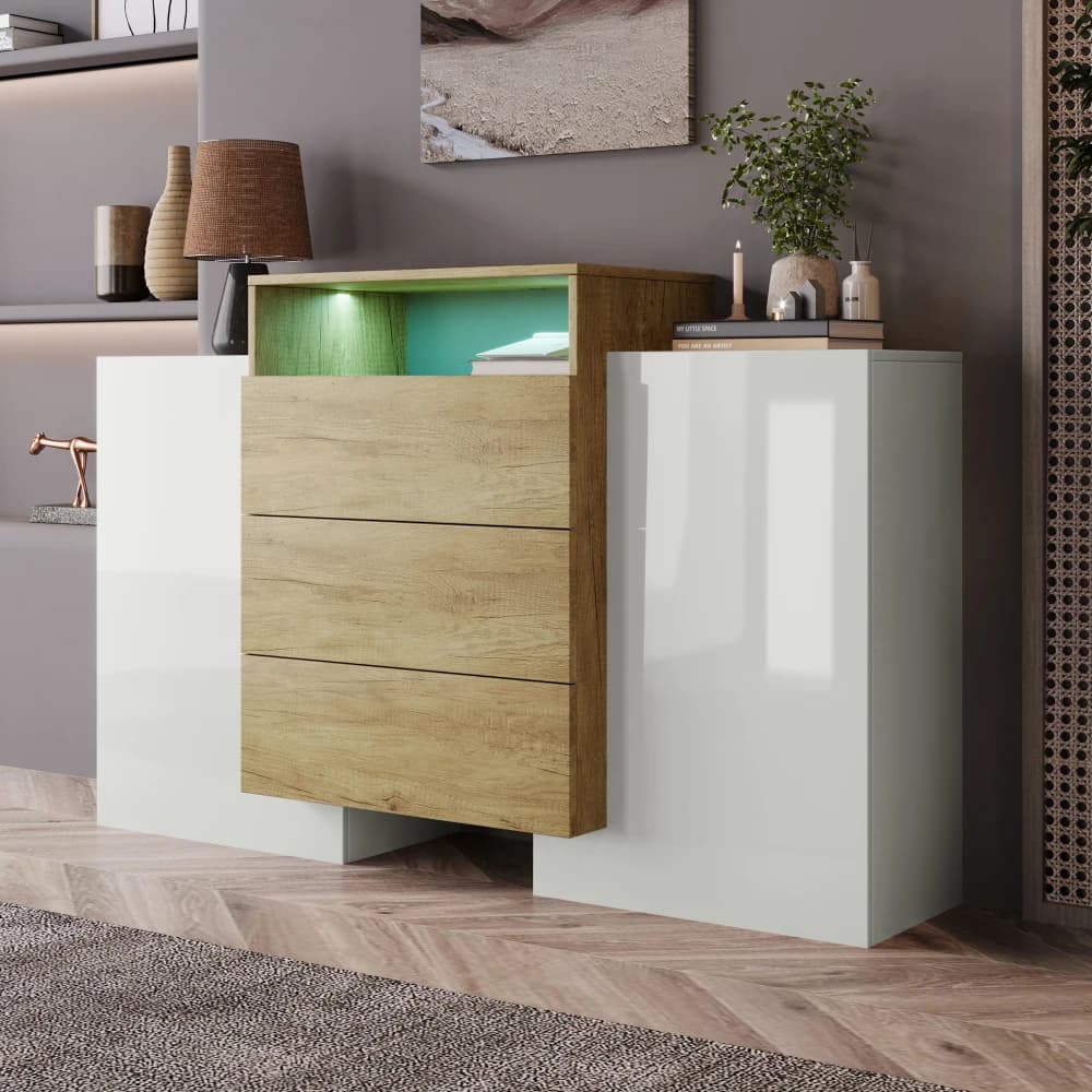 PINGGO Modern Sideboard High Gloss White Wood Color Chest of Drawers Multicolored LED Light Effects Stylish Storage Solution