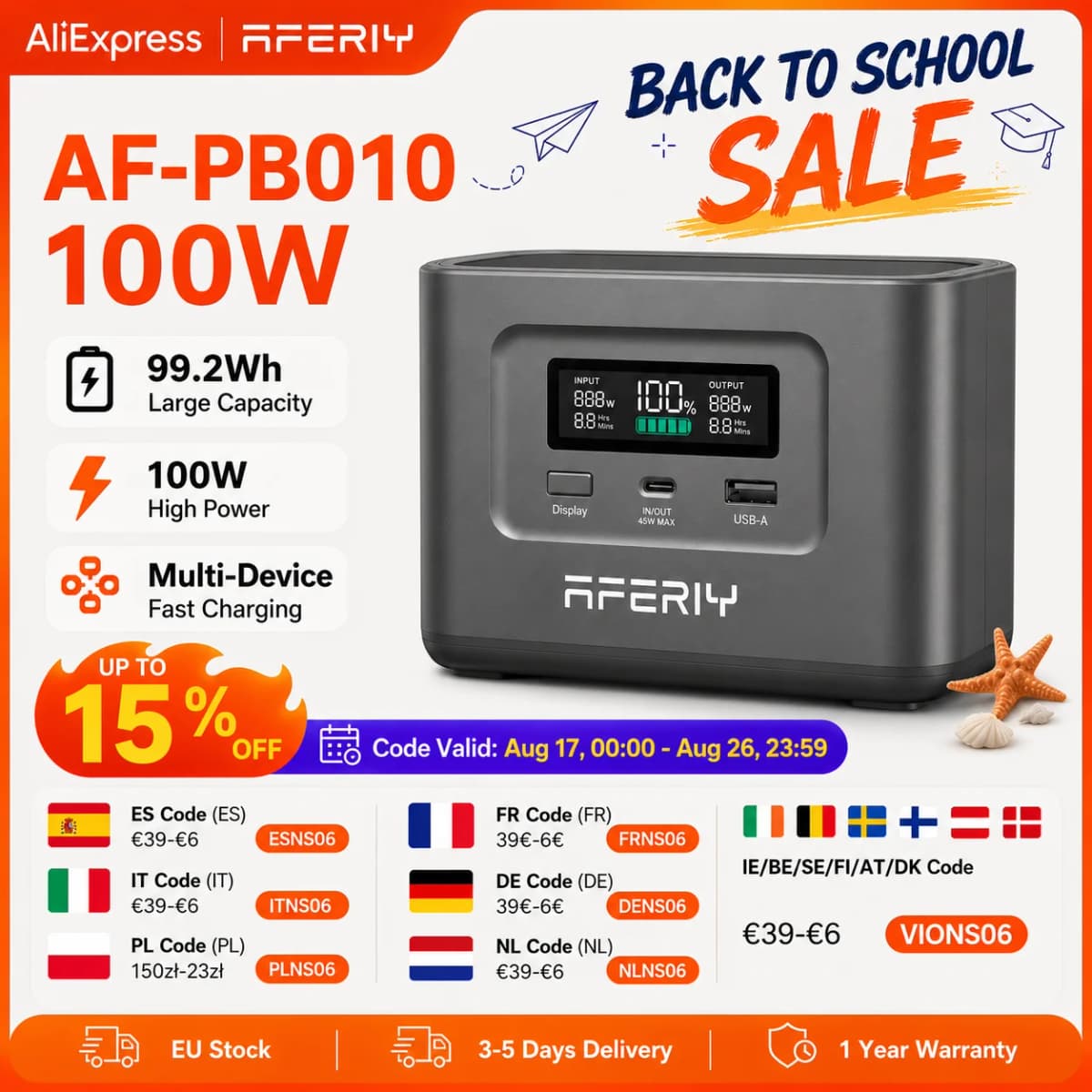 AFERIY Nano100 Portable Power Station,99.2Wh100W Telescopic Type-C Cable,1.5h Full Charge, 3000 + Cycles LiFePO4 Battery
