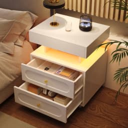 PINGGO LED Nightstand 2 Drawers 1 Open Storage Space White Bedside Cabinet Size 100x40x60cm Bedroom Furniture