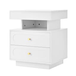 PINGGO LED Nightstand 2 Drawers 1 Open Storage Space White Bedside Cabinet Size 100x40x60cm Bedroom Furniture