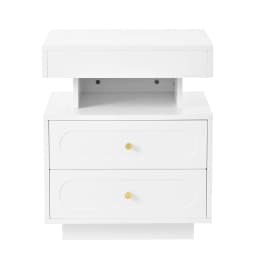 PINGGO LED Nightstand 2 Drawers 1 Open Storage Space White Bedside Cabinet Size 100x40x60cm Bedroom Furniture