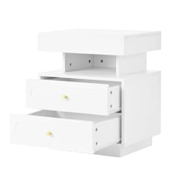 PINGGO LED Nightstand 2 Drawers 1 Open Storage Space White Bedside Cabinet Size 100x40x60cm Bedroom Furniture