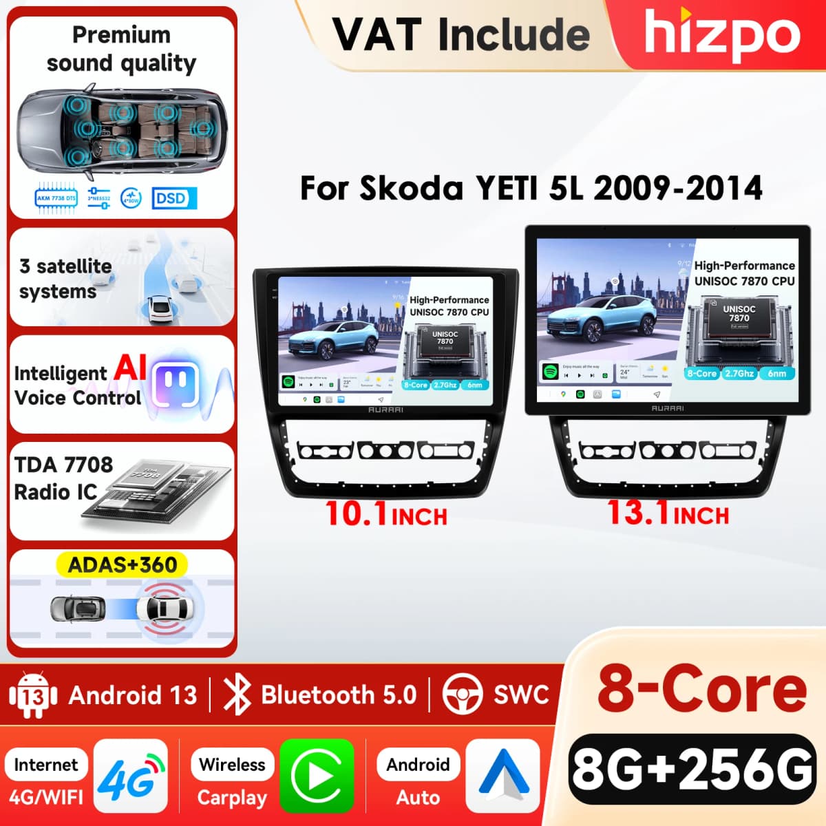 Hizpo 2K Car Intelligent Screen 3D HD Interface for SKODA YETI 5L 2009-2014 CarPlay Android Auto Radio GPS RDS Multimedia Stereo