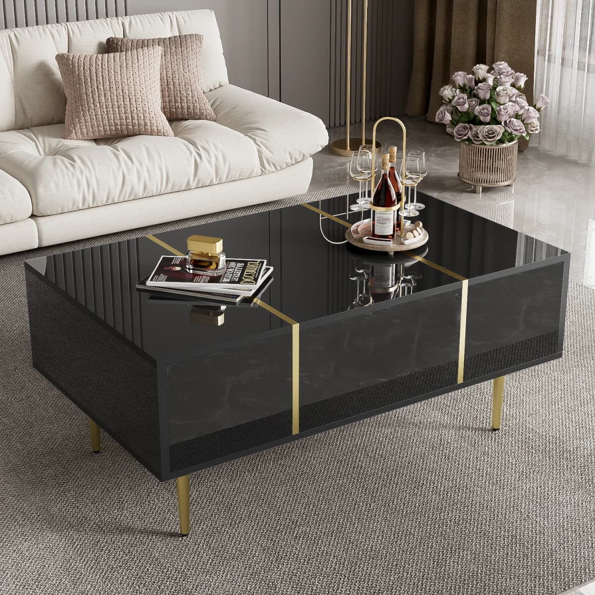 PINGGO Black High Gloss Modern Coffee Table with 2 Drawers Living Room Furniture Storage Ottoman Rectangle Shape