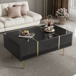 PINGGO Black High Gloss Modern Coffee Table with 2 Drawers Living Room Furniture Storage Ottoman Rectangle Shape