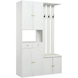 PINGGO Wardrobe Set Wall Wardrobe With Shoe Bench 4 Hooks 6 Doors 2 Drawers White Hallway Furniture 110x180x37cm