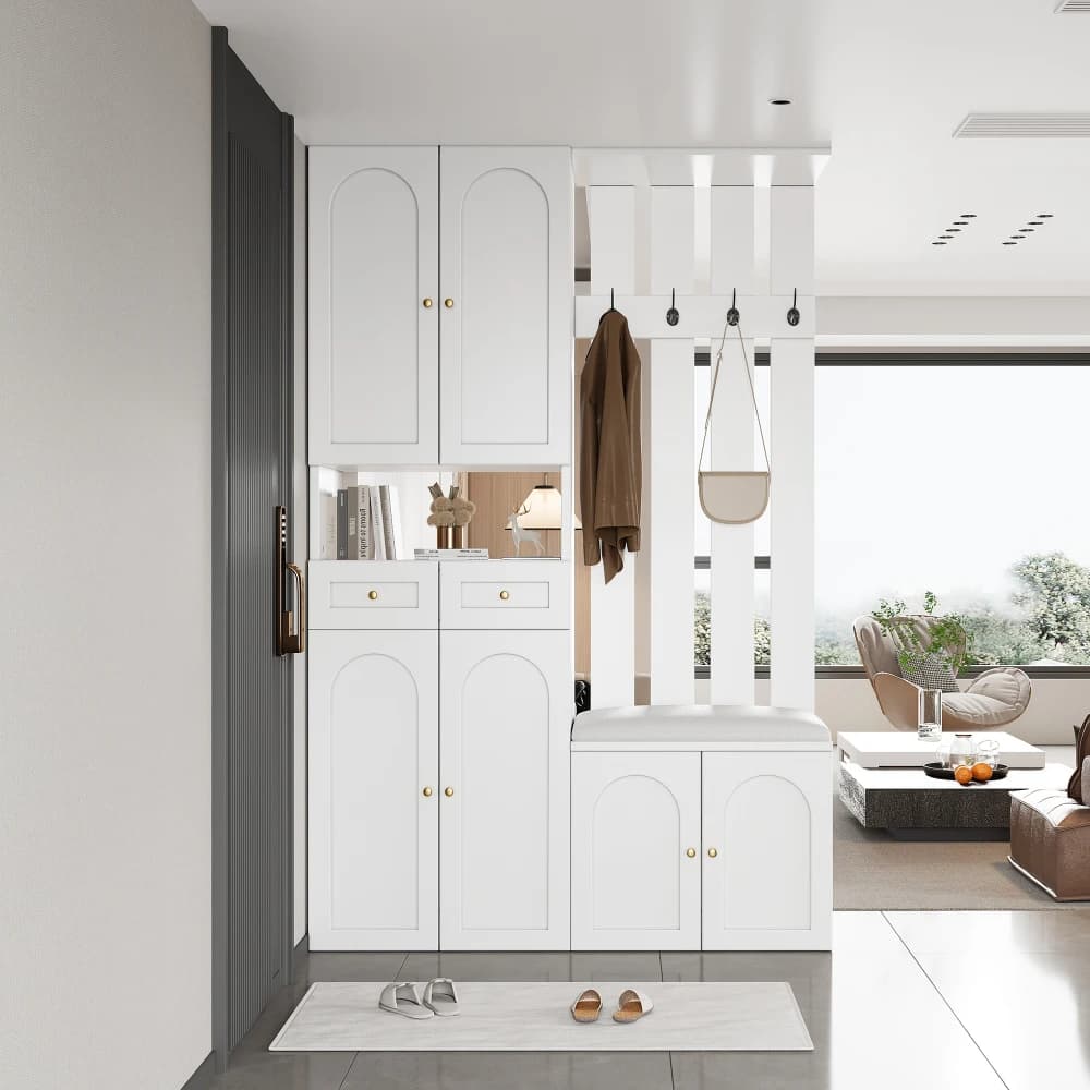 PINGGO Wardrobe Set Wall Wardrobe With Shoe Bench 4 Hooks 6 Doors 2 Drawers White Hallway Furniture 110x180x37cm