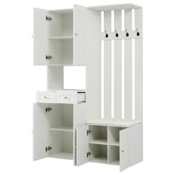 PINGGO Wardrobe Set Wall Wardrobe With Shoe Bench 4 Hooks 6 Doors 2 Drawers White Hallway Furniture 110x180x37cm