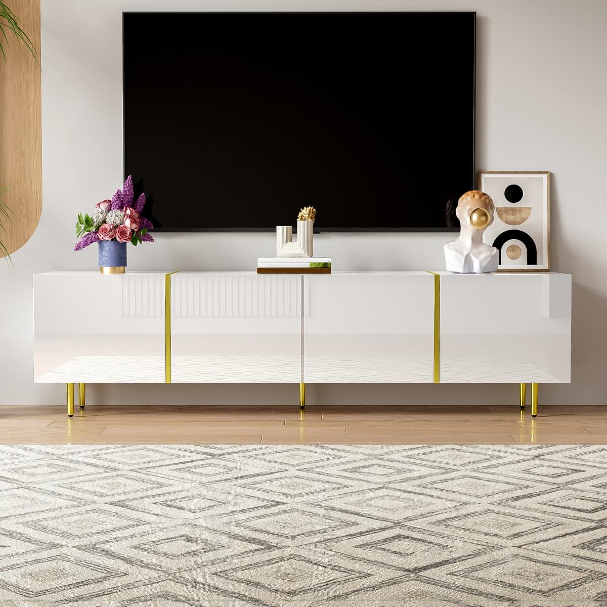 PINGGO Glossy TV Cabinet 170x35x46cm with Four Doors Modern And Elegant White Color