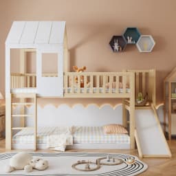 Multifunctional Kids House Bunk Bed with Slide, Children Bed with Roof Window & Safety Parachute Grille, 90x200cm