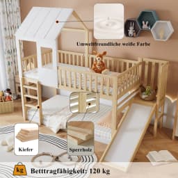 Multifunctional Kids House Bunk Bed with Slide, Children Bed with Roof Window & Safety Parachute Grille, 90x200cm