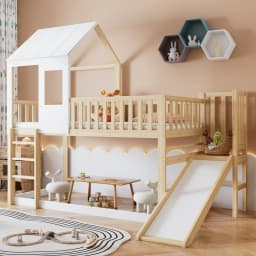 Multifunctional Kids House Bunk Bed with Slide, Children Bed with Roof Window & Safety Parachute Grille, 90x200cm