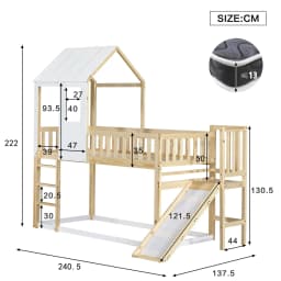 Multifunctional Kids House Bunk Bed with Slide, Children Bed with Roof Window & Safety Parachute Grille, 90x200cm