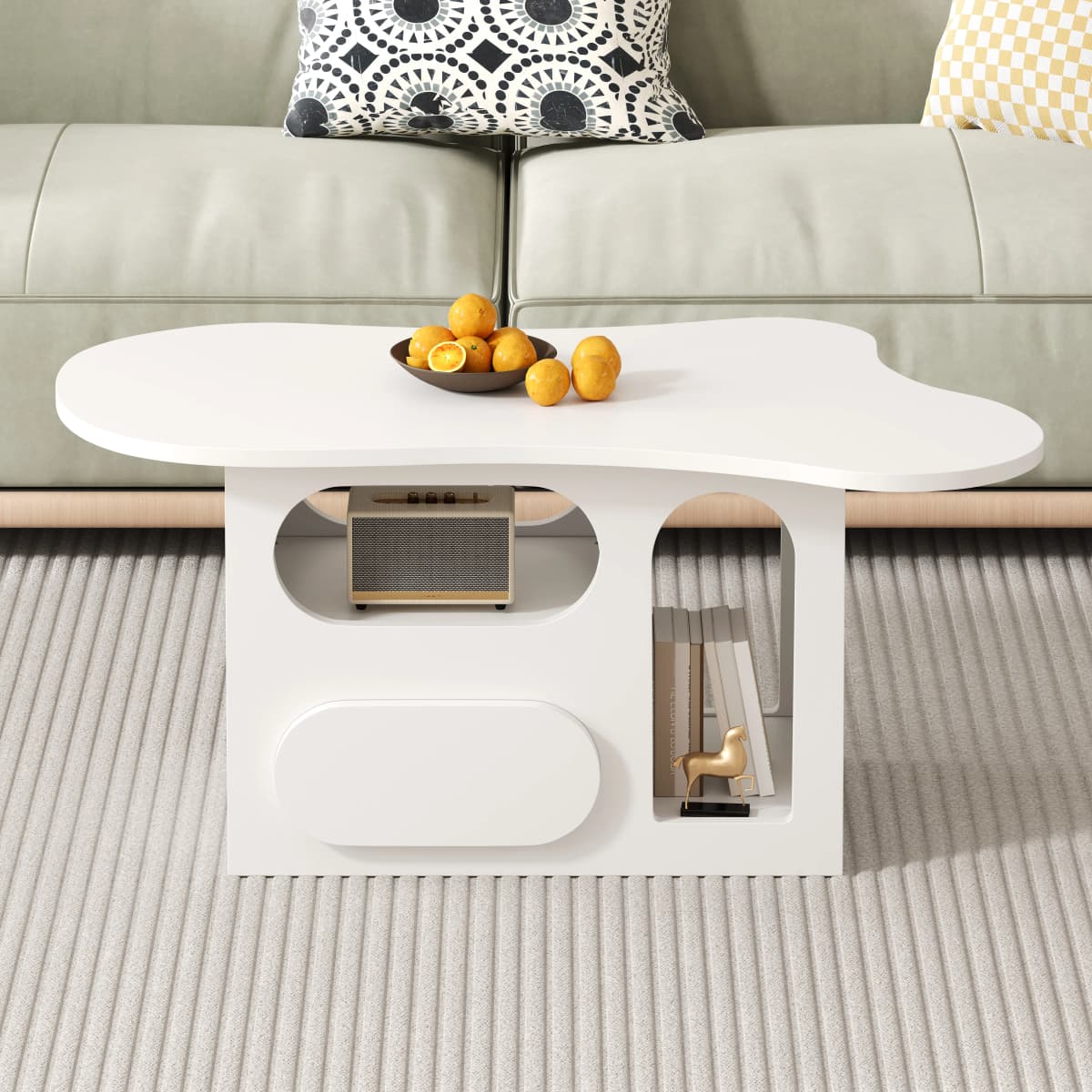 PINGGO Cloud-Shaped Coffee Table 97x45x43.5cm with Drawers Open Storage Compartments Living Room Furniture