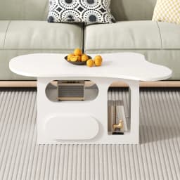 PINGGO Cloud-Shaped Coffee Table 97x45x43.5cm with Drawers Open Storage Compartments Living Room Furniture