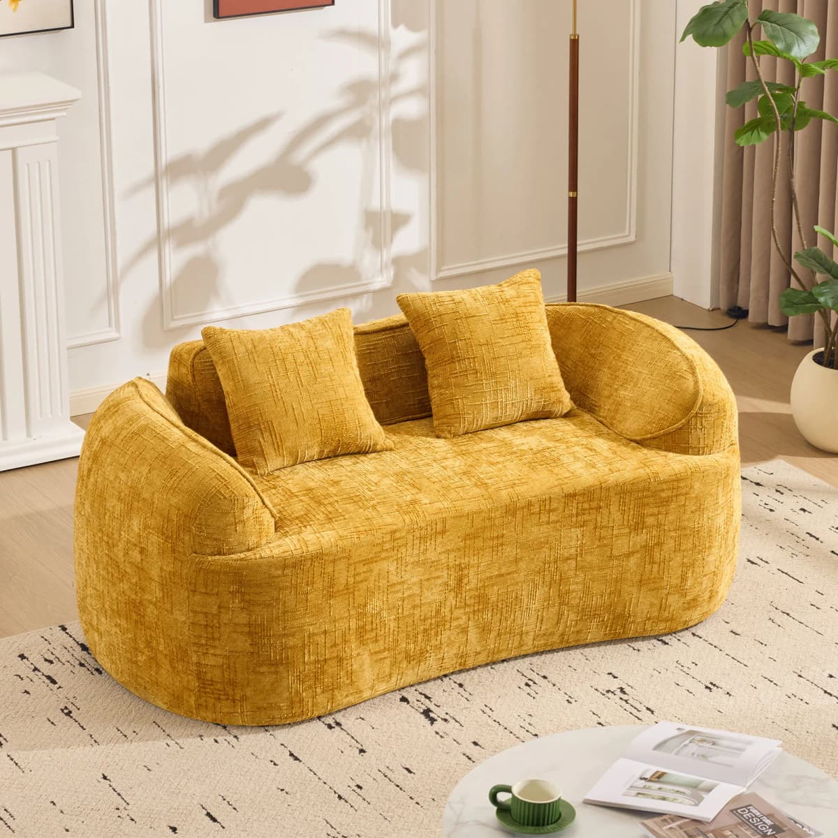 PINGGO Curved 2-Seater Sofa with Armrests, Cream Compression Sofa with 2 Pillows, No Assembly Required for Living Room Bedroom