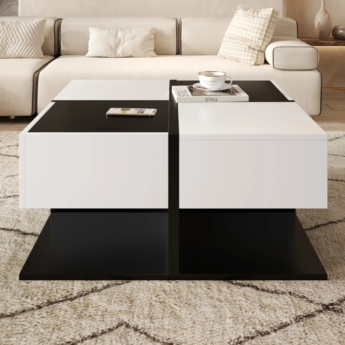 PINGGO Modern High-Gloss Coffee Table Black/White 2 Soft-Close Drawers 70x70x35.5cm Square Design Living Room Storage Table