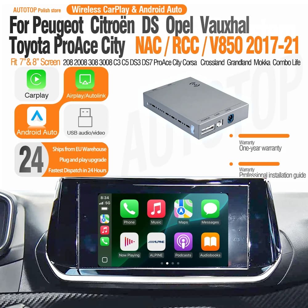 Autotop Wireless Carplay Android Auto for Peugeot Citroen Ds Opel Proace Nac Rcc V850 Retrofit Kit with Mirror Link Airplay Gps