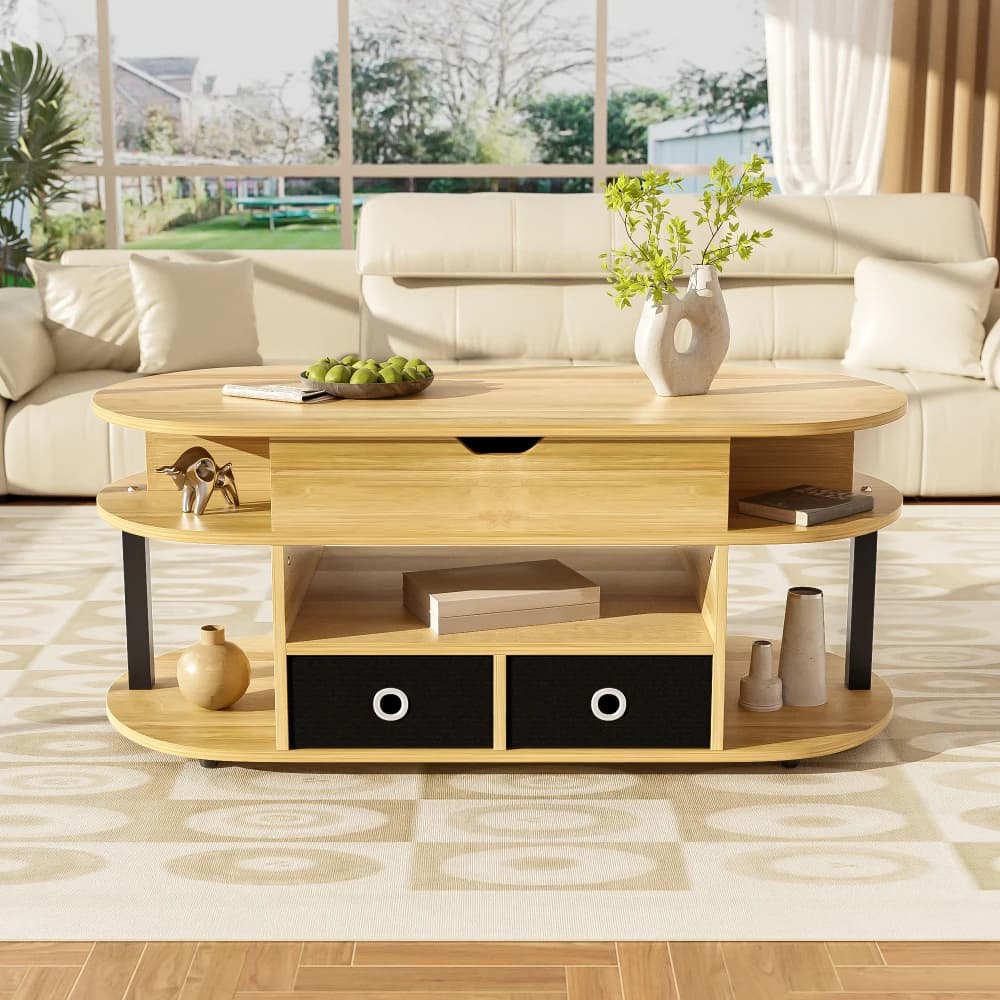 PINGGO Modern Wood Coffee Table Lifting Function Storage Space Black Fabric Drawers for Living Room Office